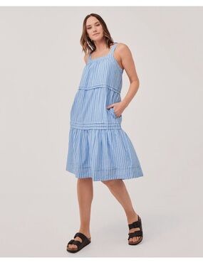 Pact Blue Bondi Stripe The Sunset Easy Cami Dress Organic Cotton Coastal Small